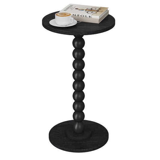 Round Side Table, Small Drink Table for Small Spaces, Pedestal End Table for Living Room, Modern Accent Nightstand with Solid Wood Leg for Bedroom, Corners and Office Black Color UTBT005B