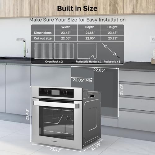 ThermoMate 24 Inch Electric Wall Oven, ETL Certified, 2.6 Cu.Ft. Convection Ovens with 12 Functions, 3D Heating, 3100W, Sensor Touch Control, Safety Lock, Stainless Steel