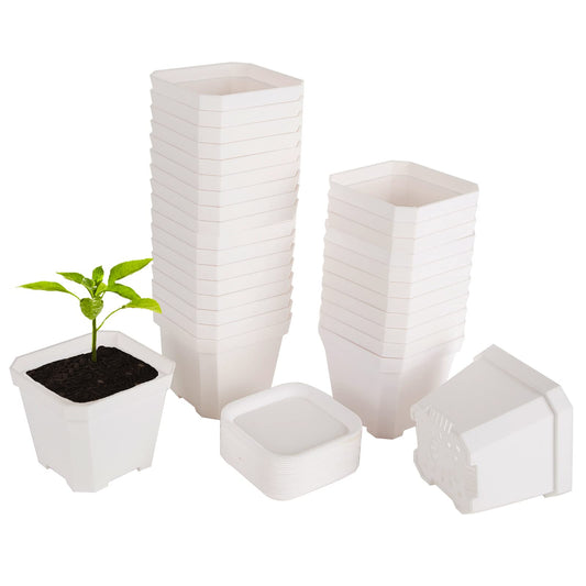 foxany 4" Nursery Pot, 30 Pcs Thick Plastic Square Planting Pots, Plant Seedling Pots, Seed Starting Pots with 30 Saucers - White