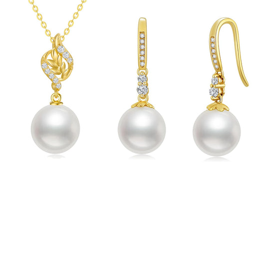 10k Gold Diamond Pearl Necklace and Dangle Earrings for Women, 10kt Gold Jewelry Set for Her