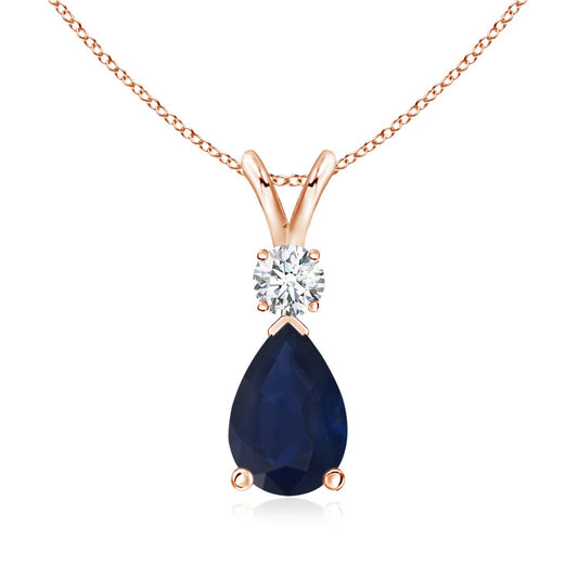 Angara Natural Blue Sapphire Solitaire Pendant for Women | Prong-Set Blue Sapphire Teardrop V-Bale Pendant with Diamond in Rose Gold | September Birthday, Gemstone Jewelry Gift | A | 6x4mm