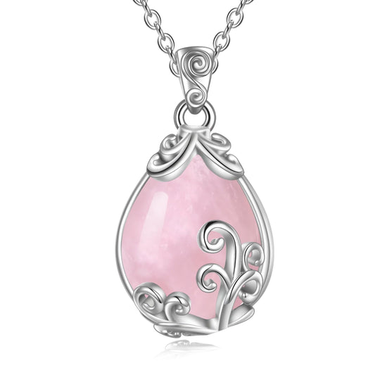POPLYKE Sterling Silver Rose Quartz Filigree Teardrop Pendant Necklace Pink Gemstone Crystal Jewelry for Women