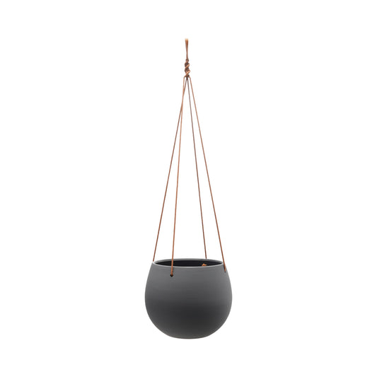 Bloomingville Hanging Stoneware Planter with Leather Rope Hanger, Latex Finish, Black