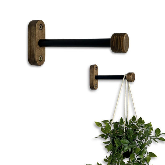EvenWood 2-Piece Set of Wooden Plant Hooks for Wall with Sturdy Metal Tube - Plant Wall Hanger for Pots, Flower Brackets - Bracket Plant Hanger for Indoor and Outdoor Decorations (Walnut, 6 Inch)