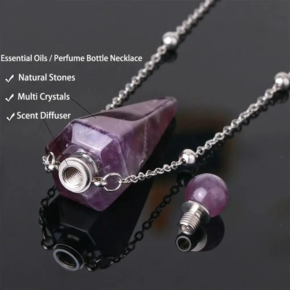 925 Sterling Silver Essential Oil Necklace For Women And Men, Natural Crystal Stone Cone Shape Pendant Necklace Healing Perfume Bottle Necklace Essential Oil Pendant Necklace (5 - Essential Oil Necklace)