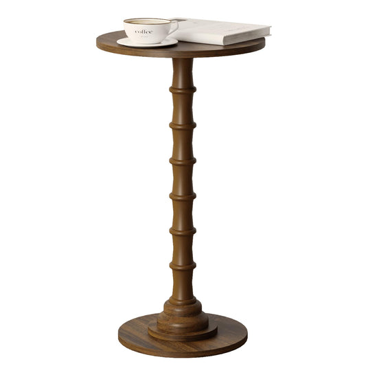 Leomonio Round Side Table, Modern Drink Table for Small Spaces, Slim End Table with Solid Wood Leg for Living Room, Bedroom, Corners, and Office (Walnut Brown)