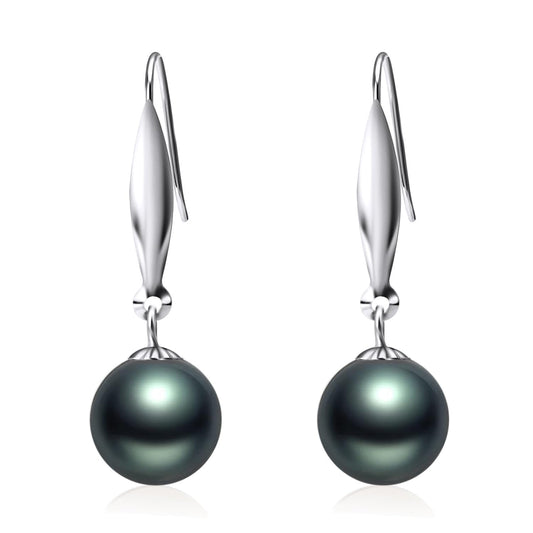 SISGEM 18k White Gold Simulated Black Freshwater Cultured Pearl Dangle Earring, 8 mm