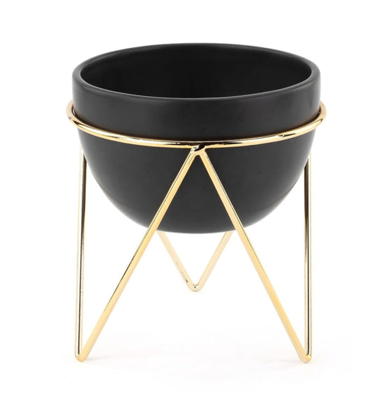 Napco Imports Indoor Outdoor House Plant Succulent Herb Flower Pot and Stand 6 x 7.5 Inch Ceramic and Metal Black Bowl