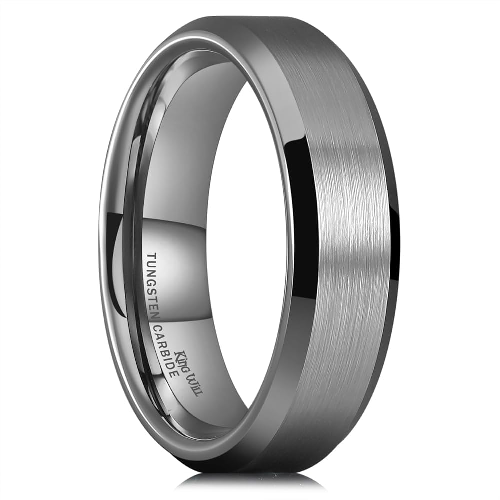 King Will 6mm Men's Gunmetal Gray Wedding Ring - Brushed Matte Surface, Beveled Polished Edge, Comfort Fit Size 8