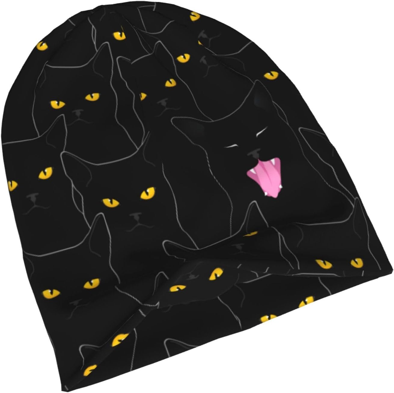 Fun Black Cat Beanie for Women Men, Warm Soft Stretch Knitted Beanies Hat Lightweight Casual Slouchy Chemo Cap Cancer Headwear Gifts