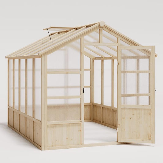 10x8FT Wooden Greenhouse, Greenhouses with Lockable Door, Wood Frame & Adjustable Vent, Greenhouse with for Outdoor, Garden, Yard, Light Brown