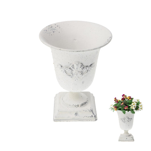 POPETPOP Tall Metal Urn Planter: 7.47" Distressed White Pedestal Vase for Floral Arrangements, Rustic Farmhouse Flower Pot for Wedding Centerpiece, Home Decor