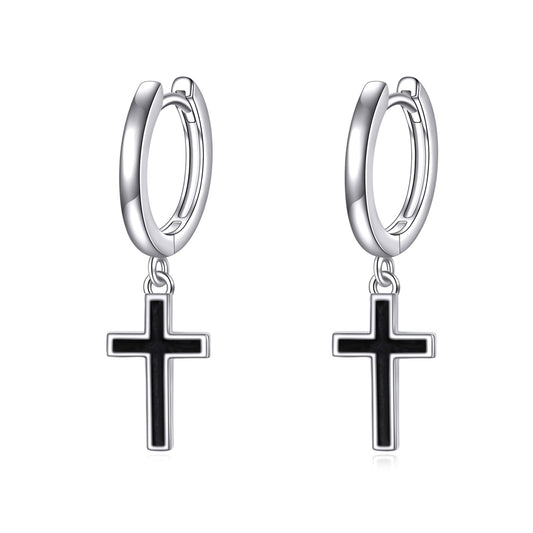 Men Cross Hoop Earrings 925 Sterling Silver Black Huggie Dangle Drop Earrings Christian Jewelry Birthday Gifts for Women (Black Cross Hoop)