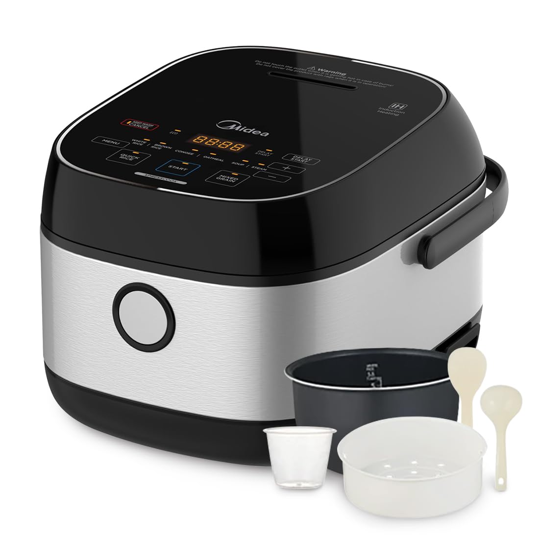 Midea 3L Rice Cooker with Steamer Basket, 6-Cup Uncooked Capacity, Induction Heating & Fuzzy Logic Technology, 24h Delay Start & Keep Warm, Non-Stick Inner Pot