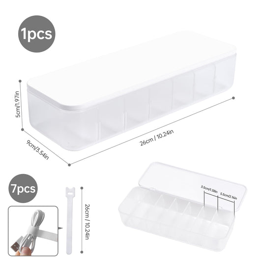 PAVSTINE Cable Organizer Storage Box with 7 Wire Ties,Desktop Cable Management Box with Lid,Power Cord Organizer with 7 Compartments for Office,Home,Desk Accessories Storage Stationery Supplies White