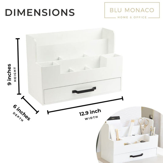 BLU MONACO White Wooden Desk Organizer With Drawer | Desktop Storage With Drawers | Multi-Compartment Desk Caddy for Home Office | 5.7”D x 12.9”W x 9”H Tabletop Accessory Holder