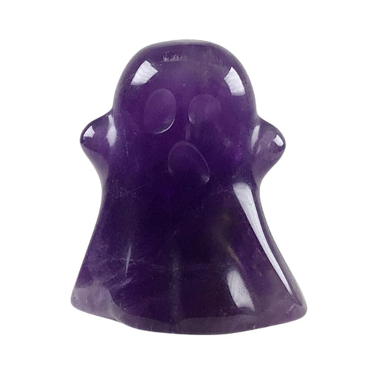RECKSI 1.2"x1" Natural Crystal Ghost Figurine for Halloween Decoration Carved Reiki Healing Stone Statue for Desk Haunted Decor, Amethyst