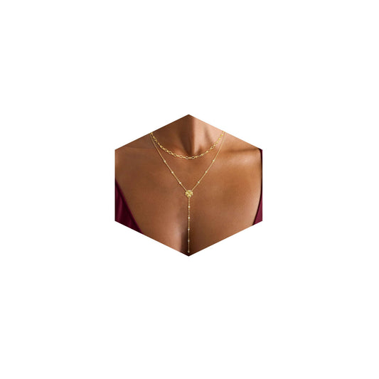 CHESKY Lariat Gold Necklace for Women, Dainty Long Necklace 14k Gold Plated Y-Shaped Pendant Necklace Trendy Paperclip Chain Four Leaf Drop Necklaces Simple Gold Jewelry for Women Gifts