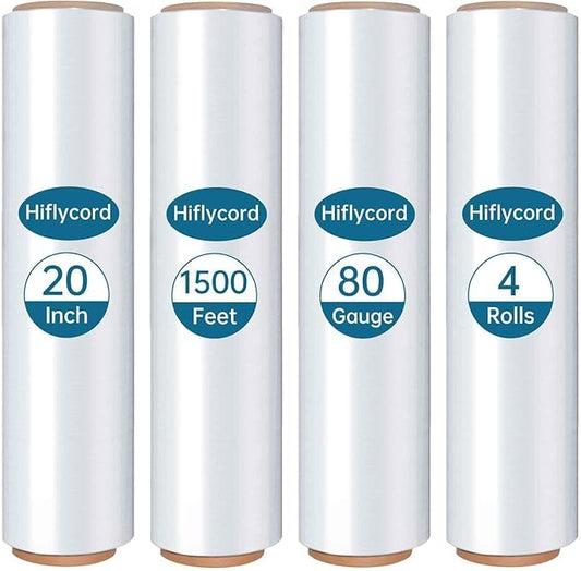 Stretch Film Shrink Wrap Roll 20" x 1500FT, Heavy Duty 80 Gauge Stretch Wrap Roll, Industrial Plastic Wrap for Moving, 800% Stretch for Packing, Pallets, Shipping&Furniture Protection(4 Roll Clear)