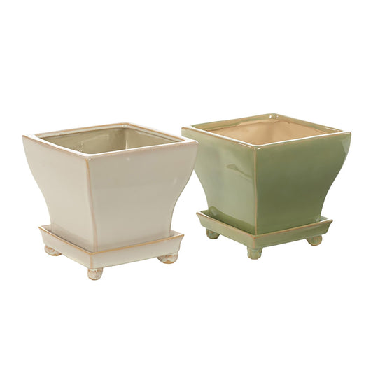 Napco Large Square Footed Green and White 6.25 x 5.75 Glazed Stoneware Ceramic Standing Planter Pots Set of 2