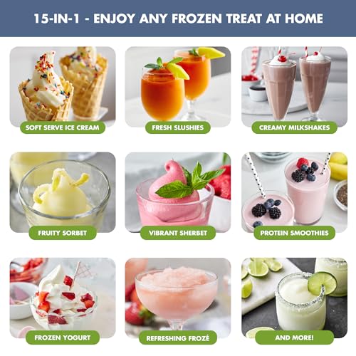GreenPan Frost Ice Cream Maker & Slushie Machine, Soft Serve, Sorbet, Margaritas, Milkshakes, Frozen Yogurt, No Pre-Freezing, Ready in 15 Mins, 6 Modes, 7 Textures, Self-Cleaning, Family Size, Blue