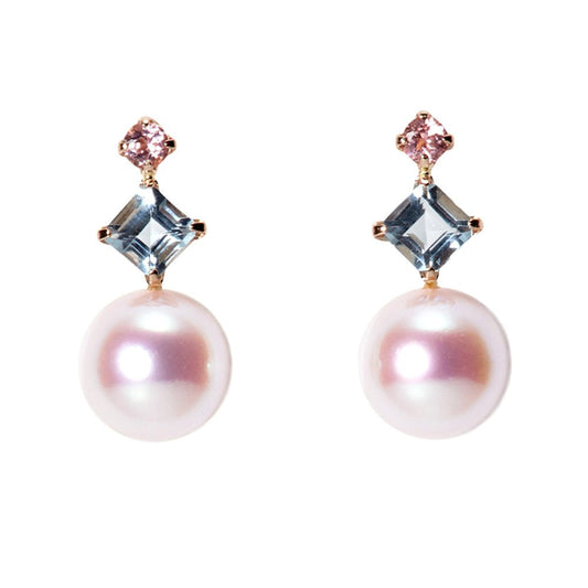 Japanese 6.0mm Akoya Cultured Pearl with Aquamarine and Pink Tourmaline Earrings for Women with 18K Rose Gold | Stylish Design Excellent Gift | Pearl Earrings