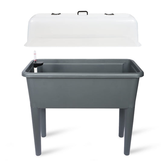 Dexceder 13.2 Gallon Self Watering Raised Garden Bed with Ventilation Transparent Lid Greenhouse, Deepen Vegetable Flower Box Planter Pot with Removeble Legs & Water Level Indicator (Deep Gray)