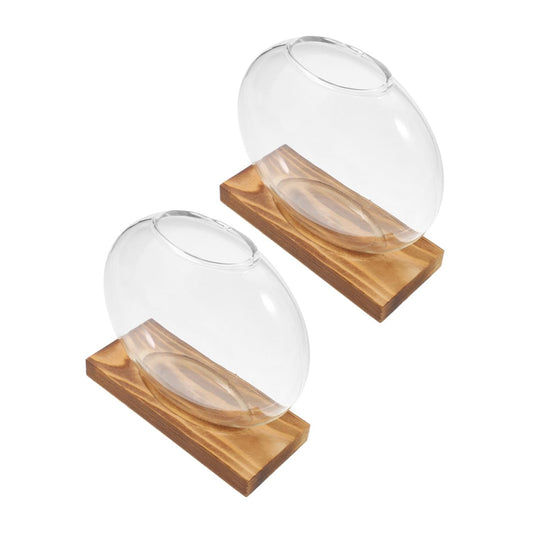 Veemoon 2pcs Glass Vases with Wooden Stand Hydroponic Containers for Indoor Plant Propagation, Desktop Terrarium Containers for Home and Office Decor