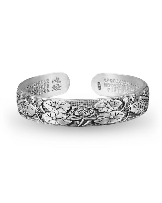 Feng Shui Lotus Heart Sutra Bracelet - Adjustable Vintage Silver Bracelet for Women Men, Tibetan Buddhist Mantra Lucky Amulet, Wealth Luck Protection Meditation Gifts