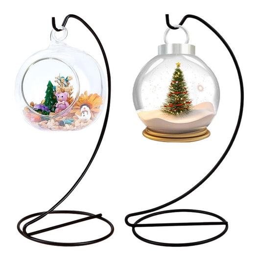 DELORIGIN 2pcs Ornament Display Stand Holder Glass Globe Black Iron Wire Stand Hanging Hook Holder Rack for Christmas Bauble Lanterns Hanging Air Plant Terrarium Witch Ball Decor DIY Craft Display