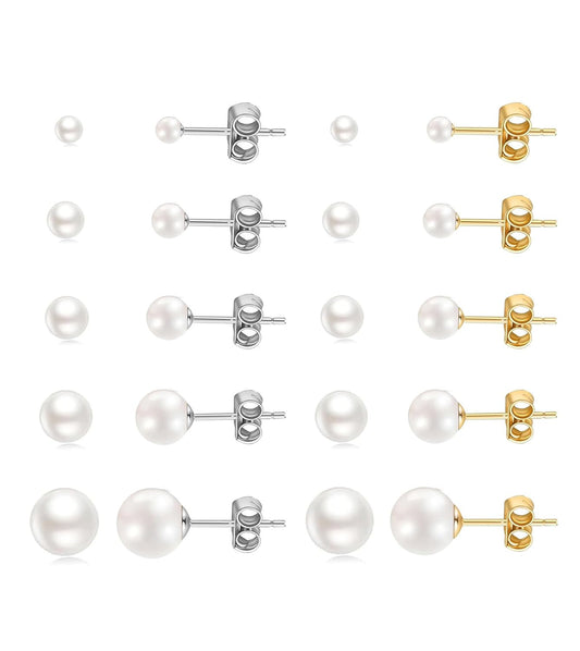 10 Pairs Pearl Stud Earrings for Women, 14K Gold Filled Polished Small Pearl Earrings Set, 20G Hypoallergenic Surgical Steel Piercing Studs for Sensitive Ear, Lightweight Shiny Earrings Studs for Helix Tragus Cartilage Multiple Piercing, Gold+Silver, 3.5-