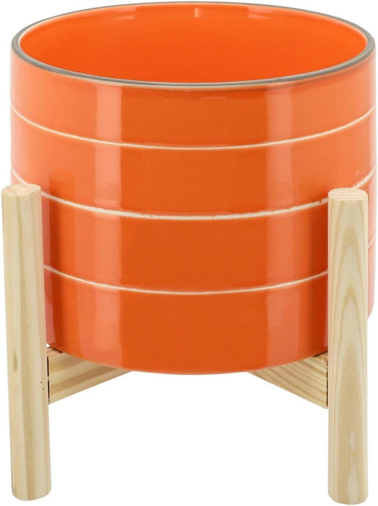 Striped Ceramic Planters with Wooden Stand as Home Decor Flower Pots for Entryway, Patio, Tabletop, and Garden - Colorful Decorative Pots for Indoor and Outdoor Plants - 9", Orange & Tan