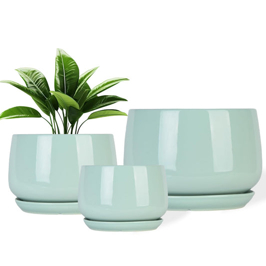 GDSZJLJ Ceramic Indoor Pots for Plants,7.5+5.9+4.4 Inch Set of 3,Flower Pots with Drainage Holes and Saucers,Planters Pot with Hole Mesh Pad,Large Planters for Indoor Plants,Gift for Mom,Aqua
