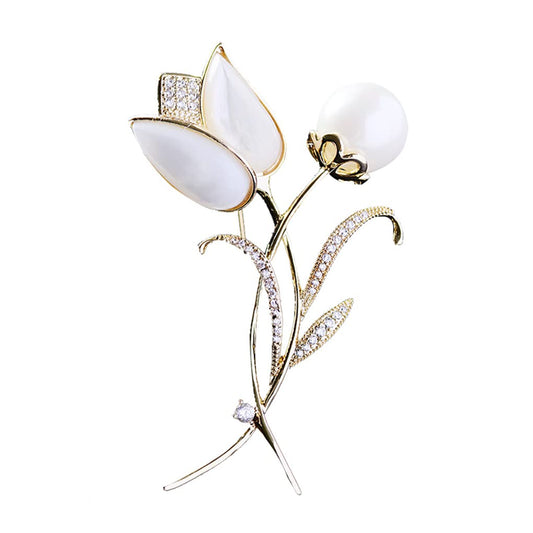 EMEGCY White Tulip Brooch for Women Gold Tulip Brooches Pins White Rhinestone Flower Lapel Pin Dress Accessories 18k Gold Plated Jewelry for Wife Mom
