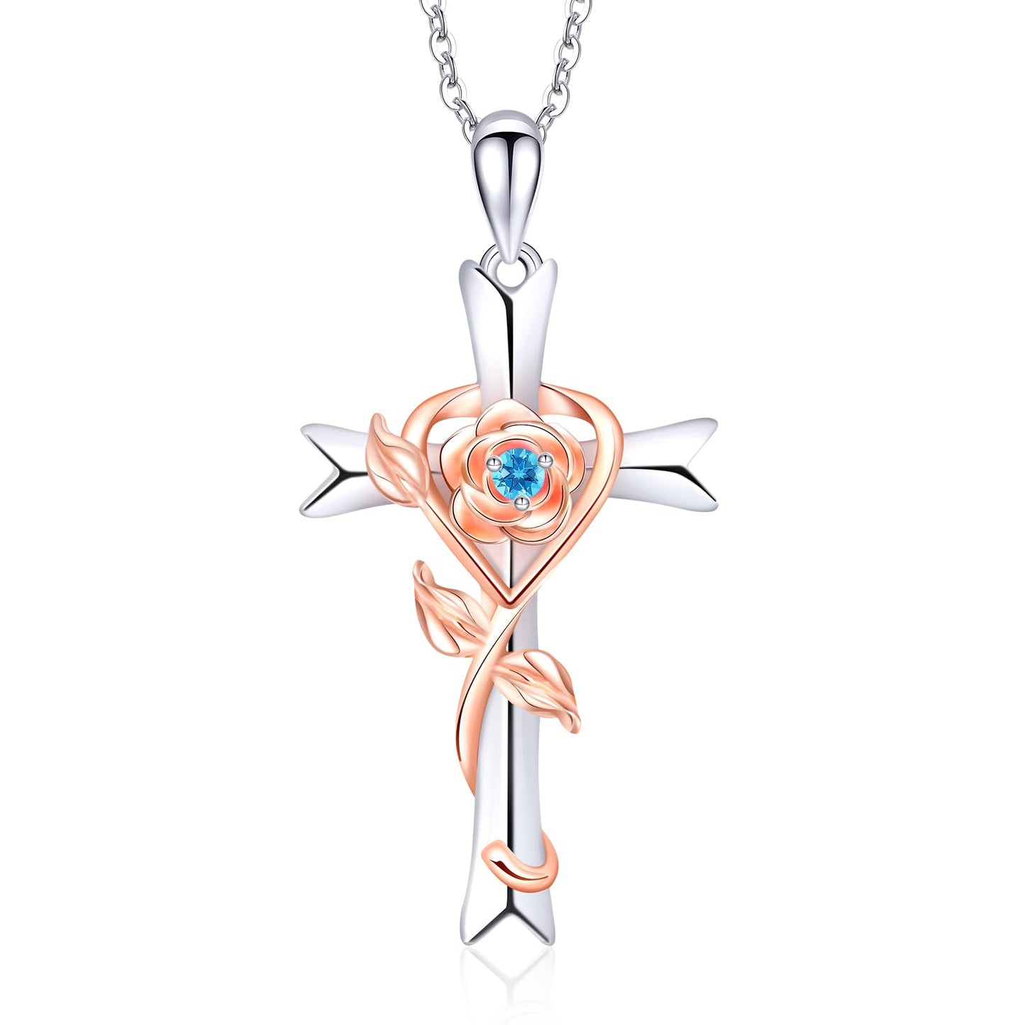 RIVIKO Mothers Day Gifts for Mom-925 Sterling Silver Cross March Birthstone Necklace for Women Anniversary Jewelry Gift