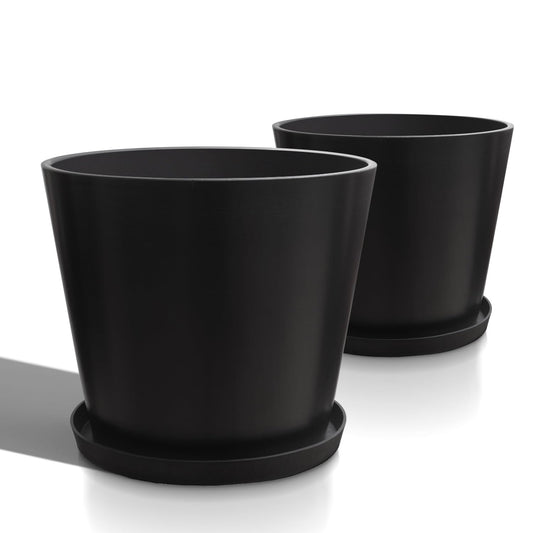 Heyzier Wide Planters for Outdoor Plants, Extra Large Indoor Flower Pots for Garden, Front Porch, Patio - Round Resin Planter Set of 2 (Black, 16" D x 14" H)