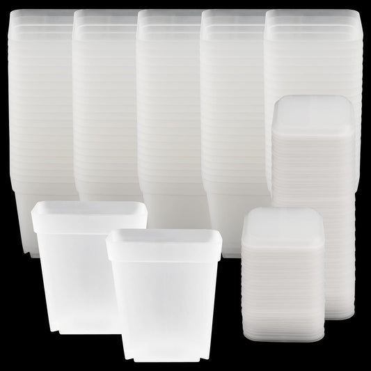 HEIHAK 100 PCS 3 Inches Plastic Square Nursery Pot, Transparent Square Plastic Starter Pots with Saucers and Drainage Hole, Clear Nursery Pots for Your Room, Garden, Office and Balcony Decor