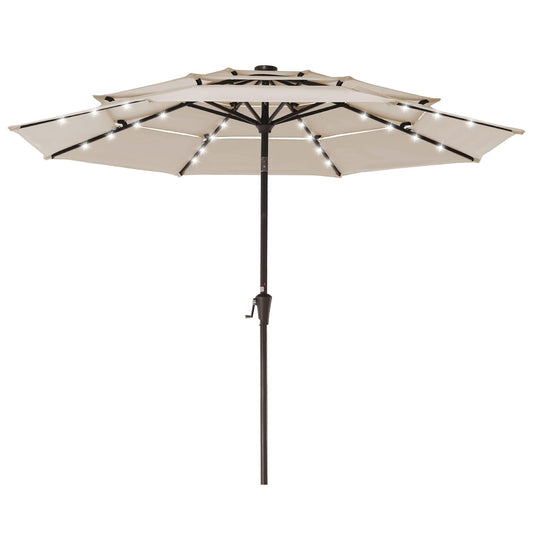 JEAREY 3 Tiers Patio Umbrella with Solar Lights 9ft Outdoor Market Table Umbrellas with Push Button Tilt for Outside Pool Garden, Tan