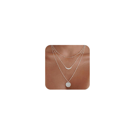 CHESKY Layered Silver Necklace for Women Trendy, Silver Plated Dainty Stackable Charm Necklaces for Womens Layering Beads Chain Diamond Pendant Necklaces Stack Jewelry Set for Women Gifts