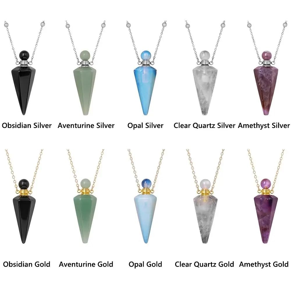 925 Sterling Silver Essential Oil Necklace For Women And Men, Natural Crystal Stone Cone Shape Pendant Necklace Healing Perfume Bottle Necklace Essential Oil Pendant Necklace (4 - Essential Oil Necklace)