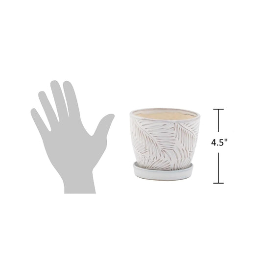 The Bridge Collection - 4.5" White Plant Pot with Drainage Hole and Saucer – Textured Palm Leaf Design - for Indoor or Outdoor Use - Home and Garden Decor