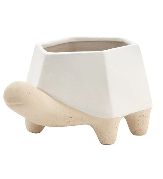 Napco Turtle Friend 3.5 x 5.25 x 4 inches Natural and White Ceramic Flower Succulent Plant Pot Planter Container Holder, Indoor Outdoor Garden Décor