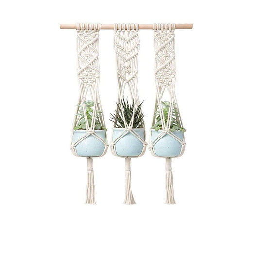 LANGUGU Macrame Plant Hanger with Wooden Dowel Three Tier Wall Hanging Planter Basket for Indoor Outdoor Flower Pot Plant Holder Wall Art Vintage-Inspired Home Boho Decor, Cotton Rope 4 Legs 41 inch