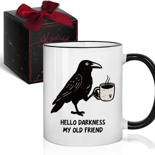 Kadiak Novelty Crow Mug Gift for Bird Lovers and Coffee Lovers 11oz - Hello Darkness My Old Friend, Bird Mug， Funny Raven Crow Coffee Mug Gifts for Women Men