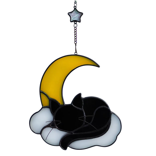 Sleeping Cat Stained Glass Windown Hanging,the Black cat Sleeping Under the Companionship of Stars and Moon,Beautiful Handcrafted Sun Catcher Gifts for Daughter,Mothers Day