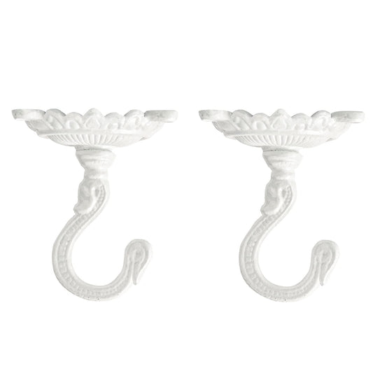 Sungmor Heavy Duty Ceiling Hooks for Hanging Plants, 2PC White 3.5x3.9Inch Large Cast Iron Ceiling Hooks, Antique Decorative Ceiling Swag Hooks for Hanging Planter Chandelier Wind Chime Lantern Hanger