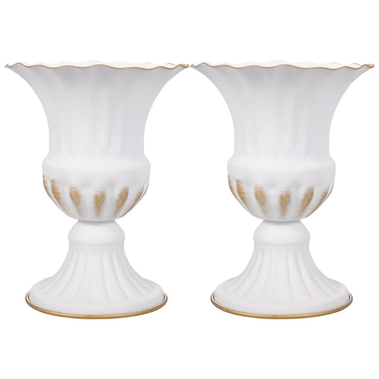POPETPOP White Iron Urn Planter: 2 Pack Cemetery Memorial Vase for Headstone, Vintage Metal Pedestal Flower Pot for Rustic Wedding Centerpiece