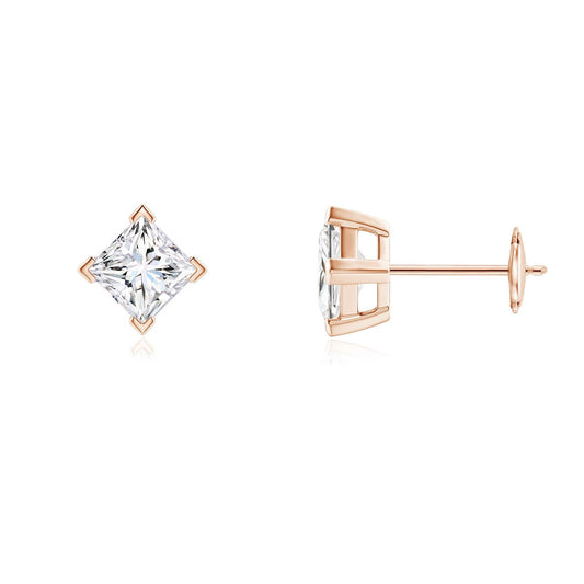 Princess-Cut Lab-Grown Diamond Stud Earrings V-Prong Set 14K Solid Gold (1 carat, 4.4mm, Color-H, Clarity-SI2)
