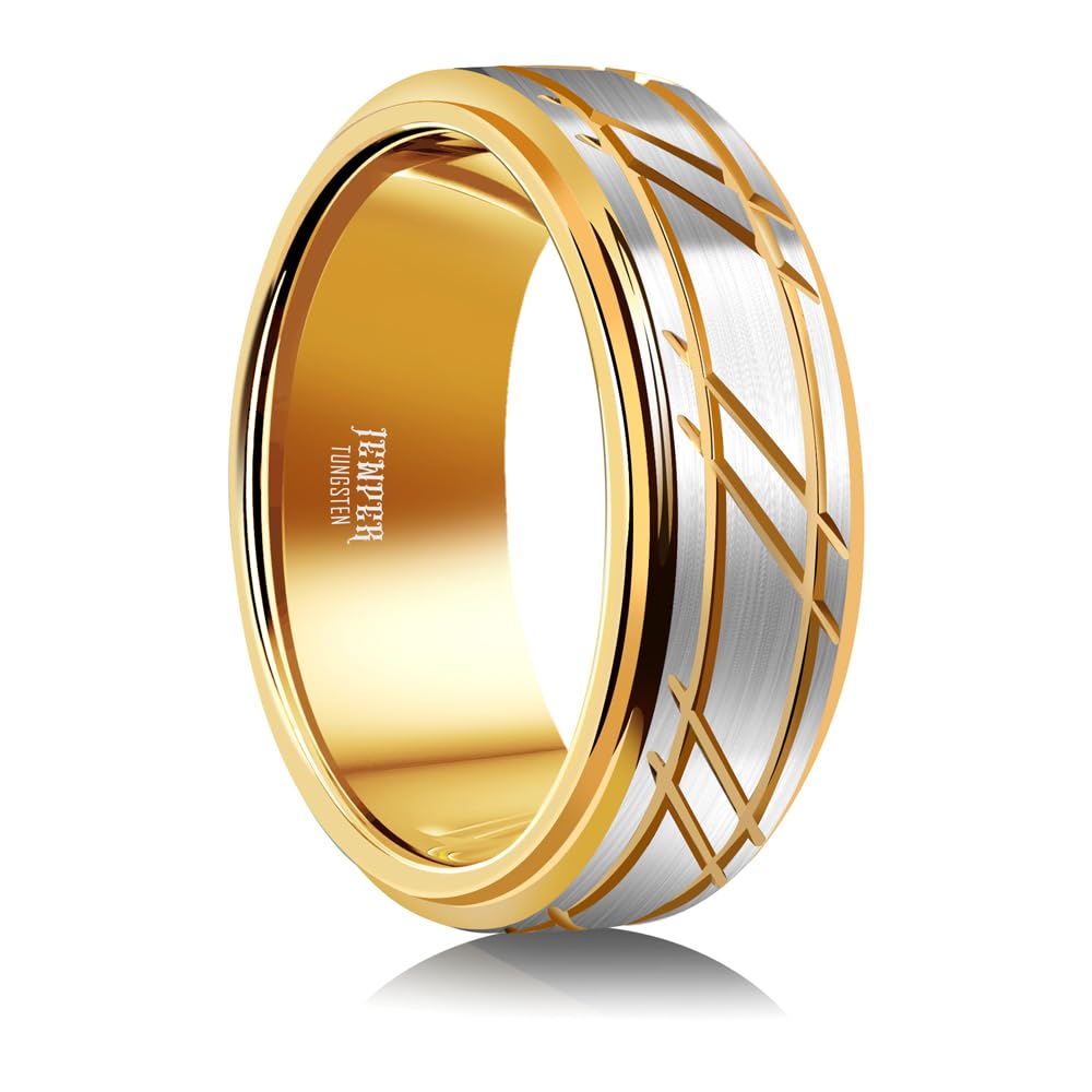 JEWPER 8mm Men Womens Wedding Band Tungsten Rings Gold Fashion Promise Carbide Silver brushed groove design on the outer ring Matte Finish Edge Comfort Fit size(6)