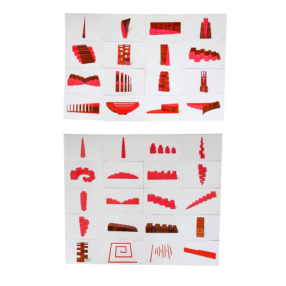 Kghios Montessori Pink Tower、 Brown Stair and Long Red Rods Sensorial Cards with Wood Box,Montessori Toys Materials for Toddlers Visual Sense, Early Educational Tools Preschool Learning Toys